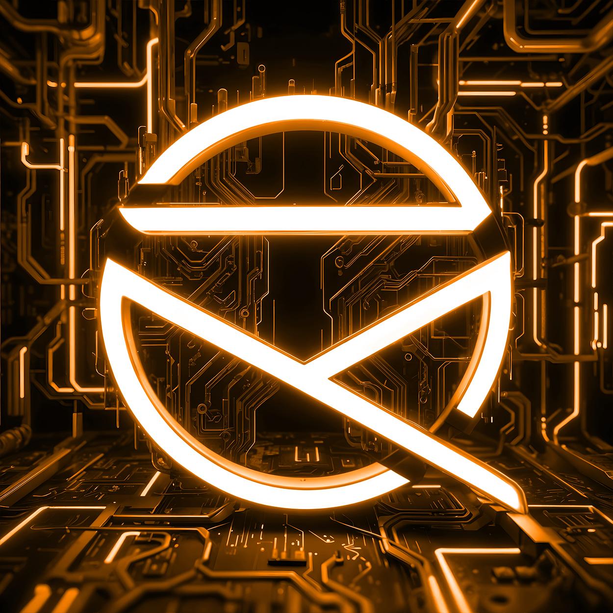 Glowing geometric maekeniq logo in circular shape with intersecting lines, set against a background of intricate circuit patterns, illuminated in an orange hue.