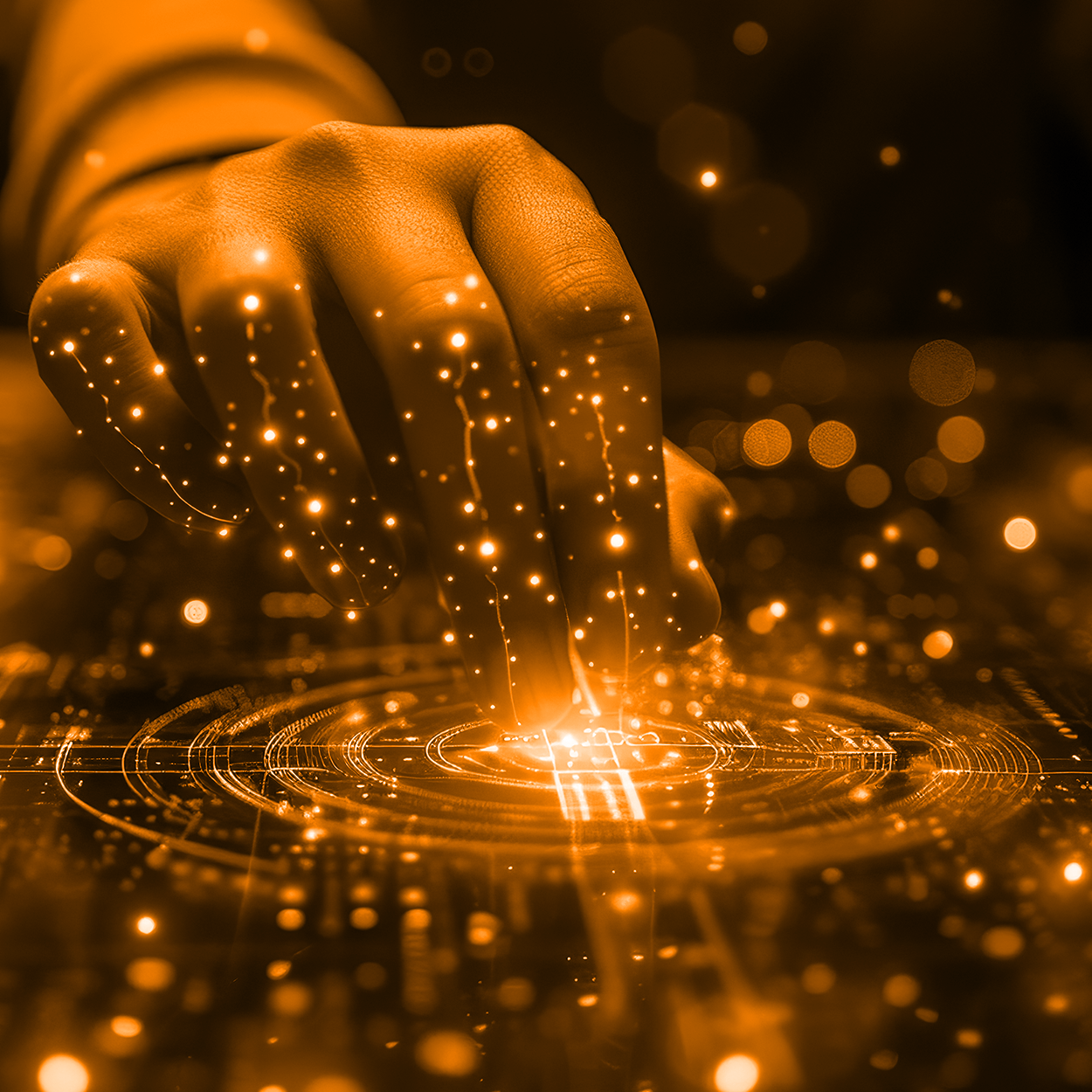 Close-up of a hand interacting with a digital touchscreen, surrounded by glowing data points and circuits, rendered in an orange hue.