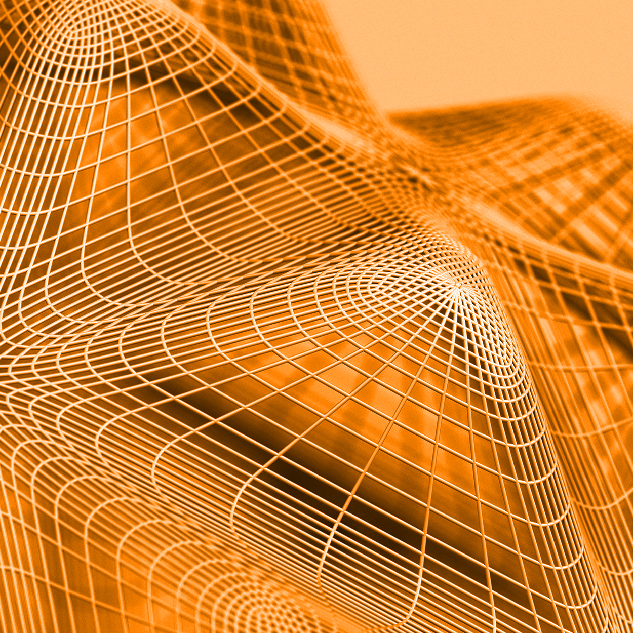 an abstract image featuring a complex mesh of orange wireframe lines forming undulating, wave-like patterns and geometric shapes against a gradient background