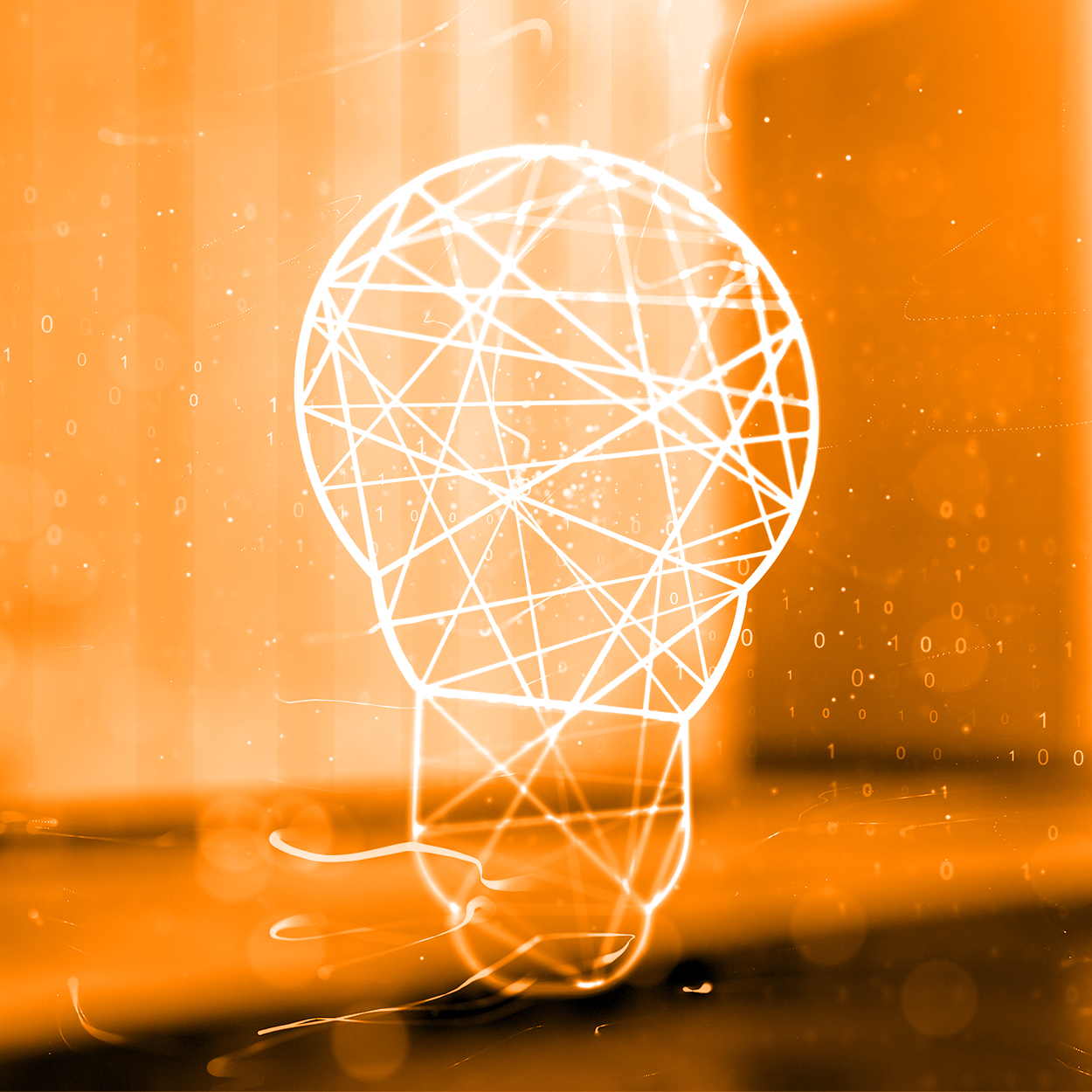 abstract image of a light bulb made of interconnected lines, glowing in an orange hue with binary code in the background